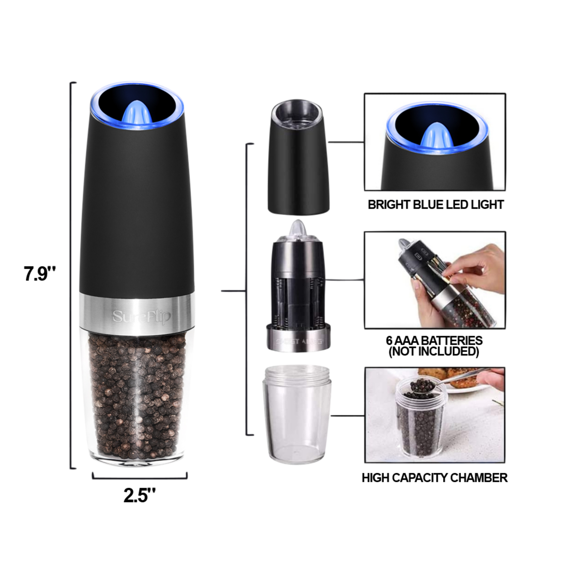 OPUX Battery Operated Salt and Pepper Grinder